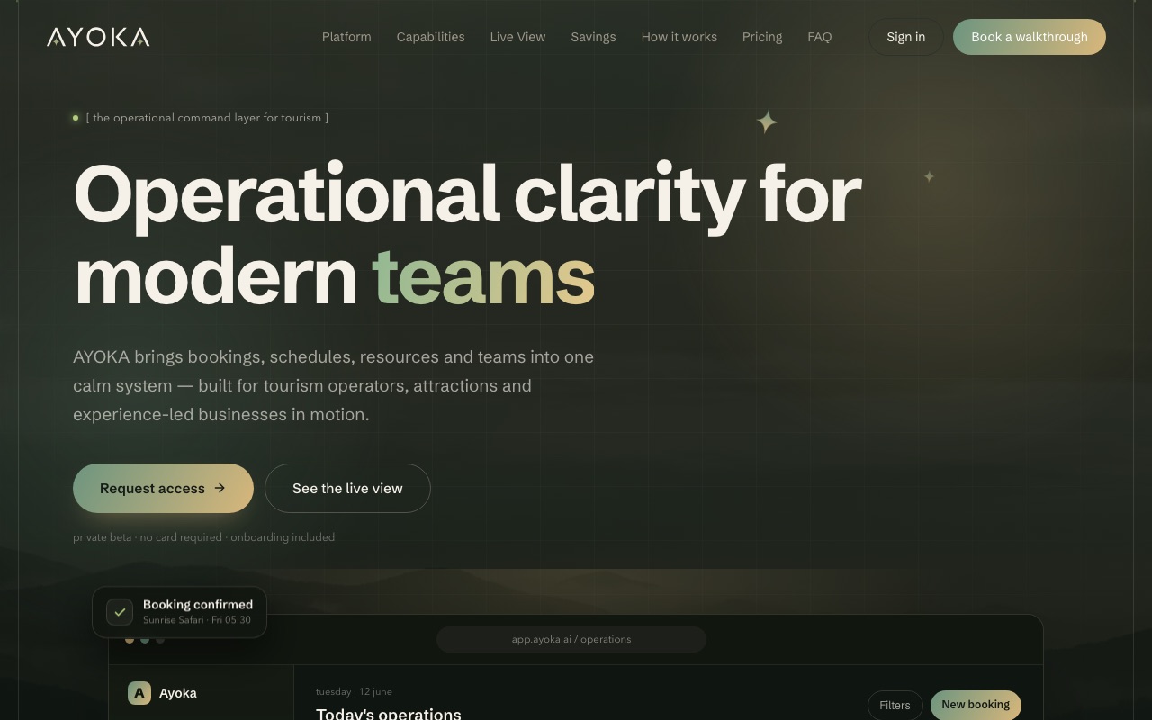 Ayoka — operational command layer for experience-led businesses