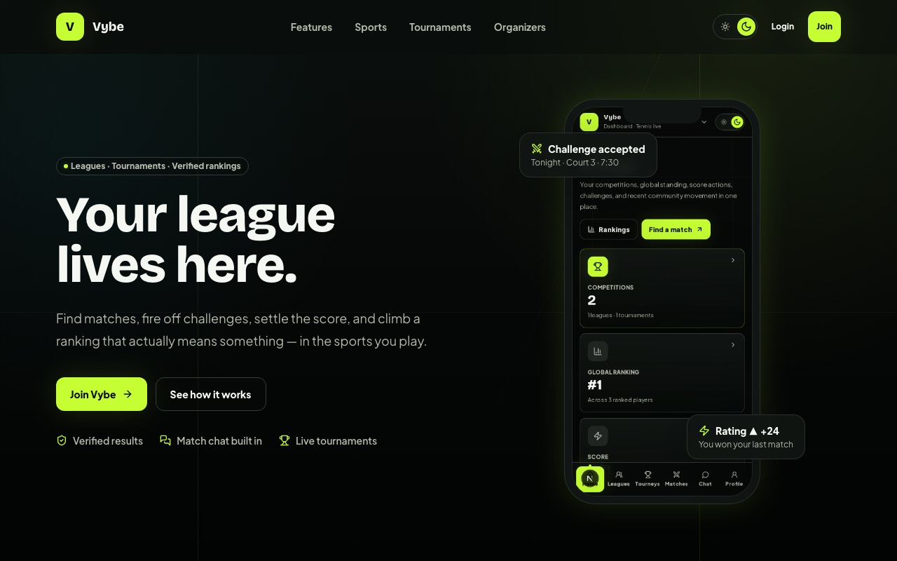 Vybe — leagues, rankings, and match chat for sports communities